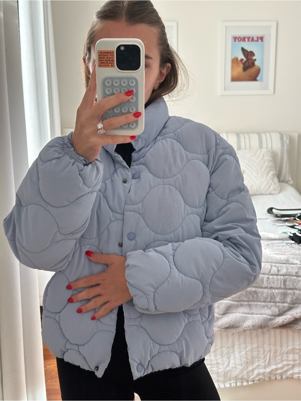 Light Blue Quilted Puff Jacket - Women's Cozy Outerwear